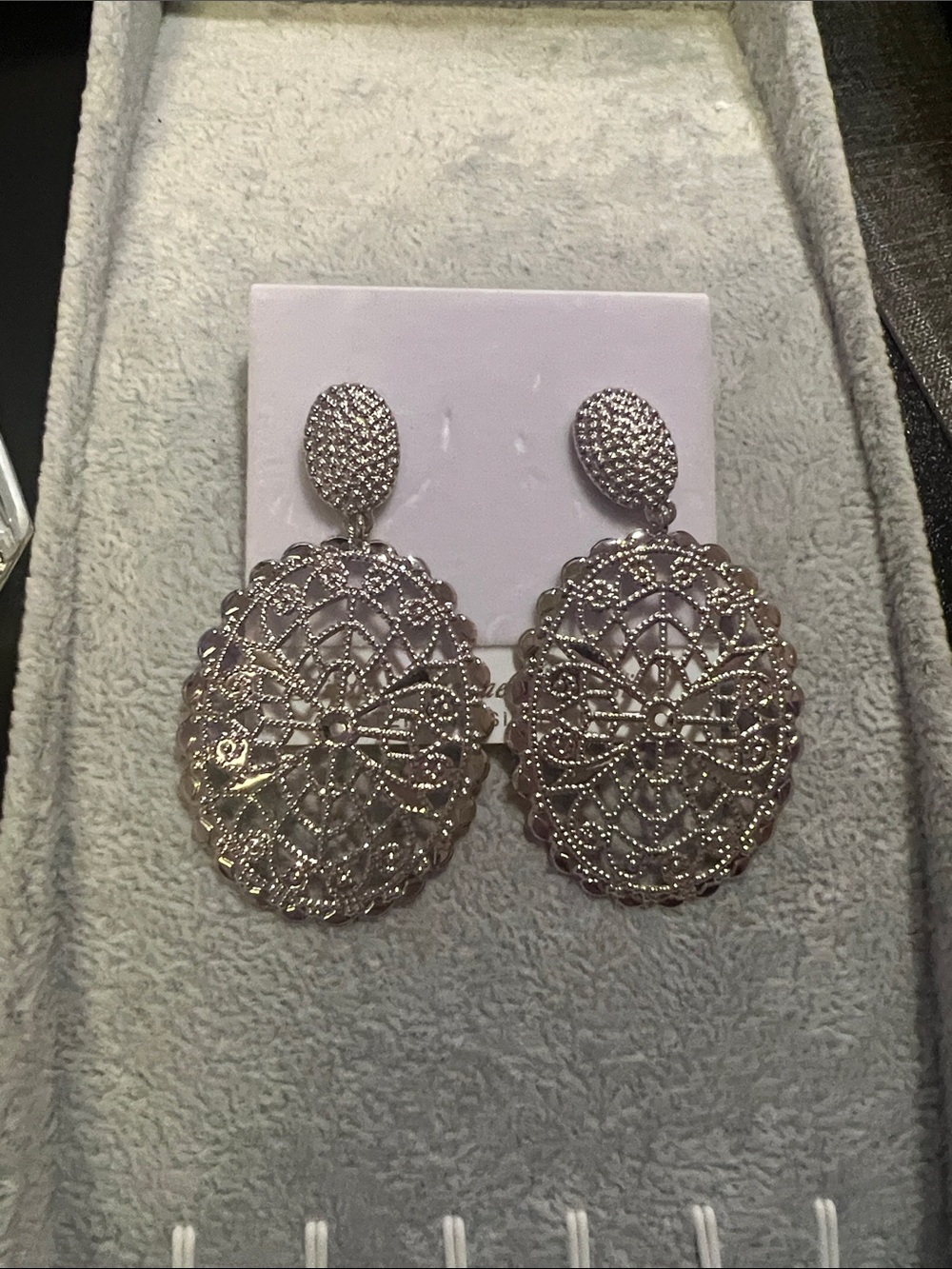 Intricate Silver-Tone Filigree Oval Drop Earrings for Women